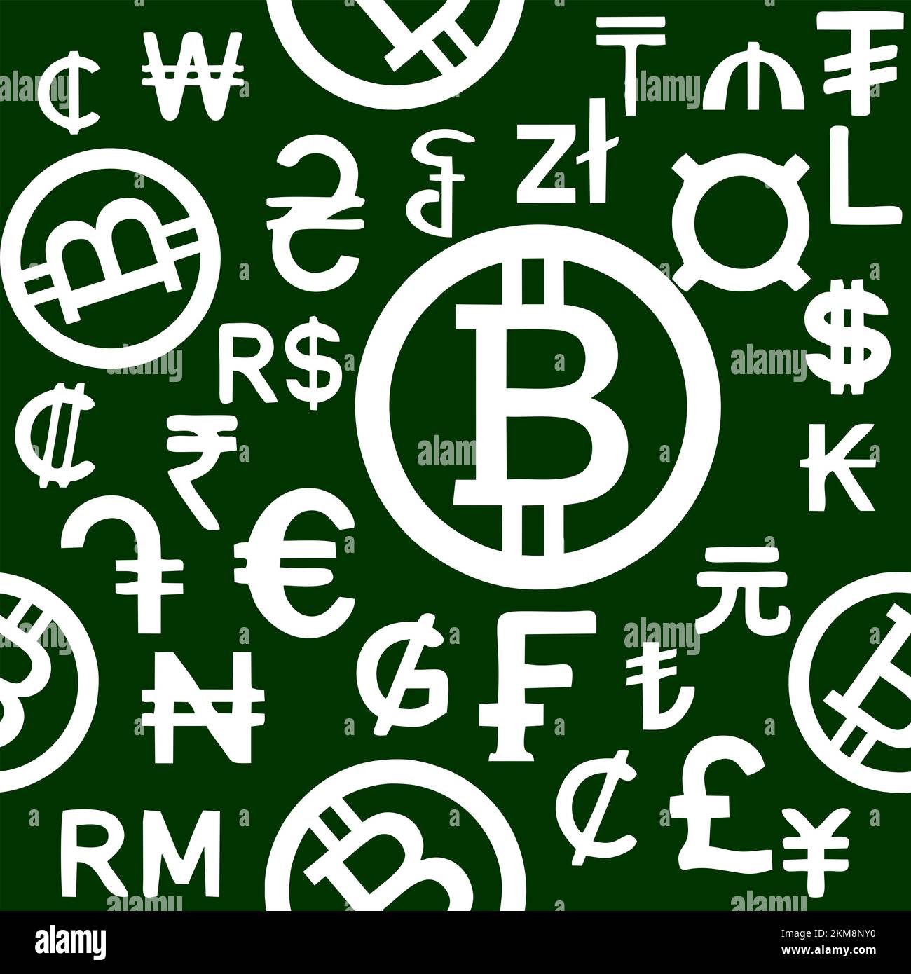 seamless white pattern of graphic symbols of different currencies of the world on a green background, texture, design Stock Photo