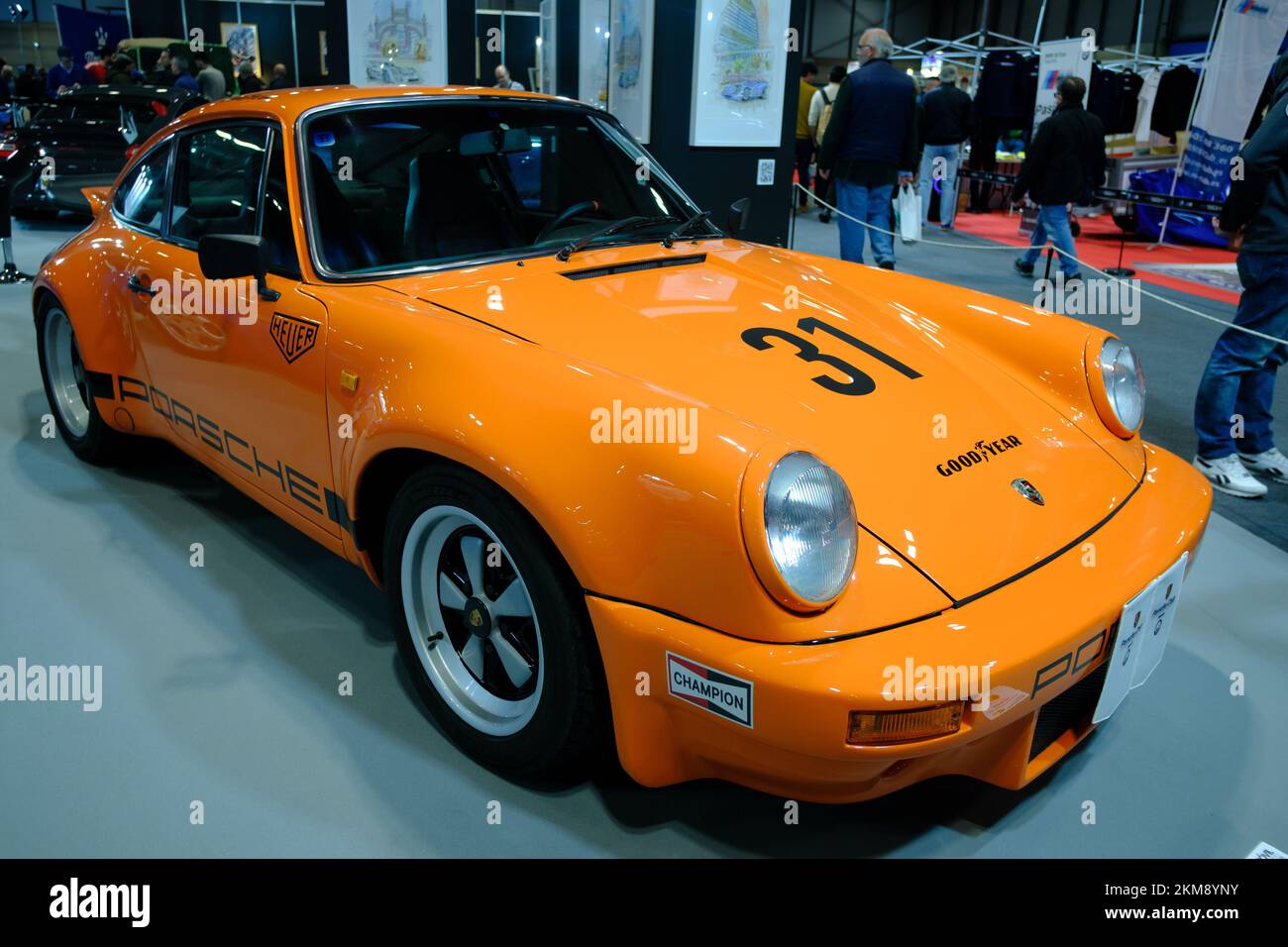 Classic vehicle of the brand Porsche 911 RS year 1974 is displayed during the RetroMovil 2022 Madrid fair at Ifema in Madrid. Retromovil 2022 Madrid, the fair of the classic car and motorcycle sector in Madrid, will be held from November 25 to 27. Stock Photo
