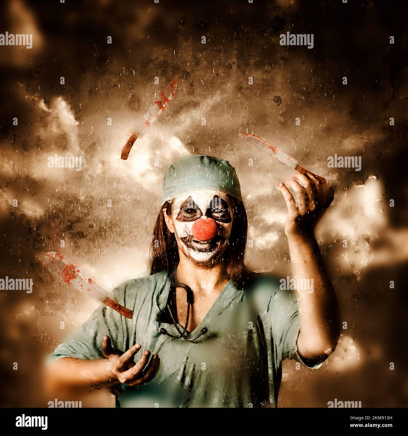 Creative fine art photo of an evil surgeon clown juggling bloody knives outside in the rain. The game of probability and chance in surgery Stock Photo