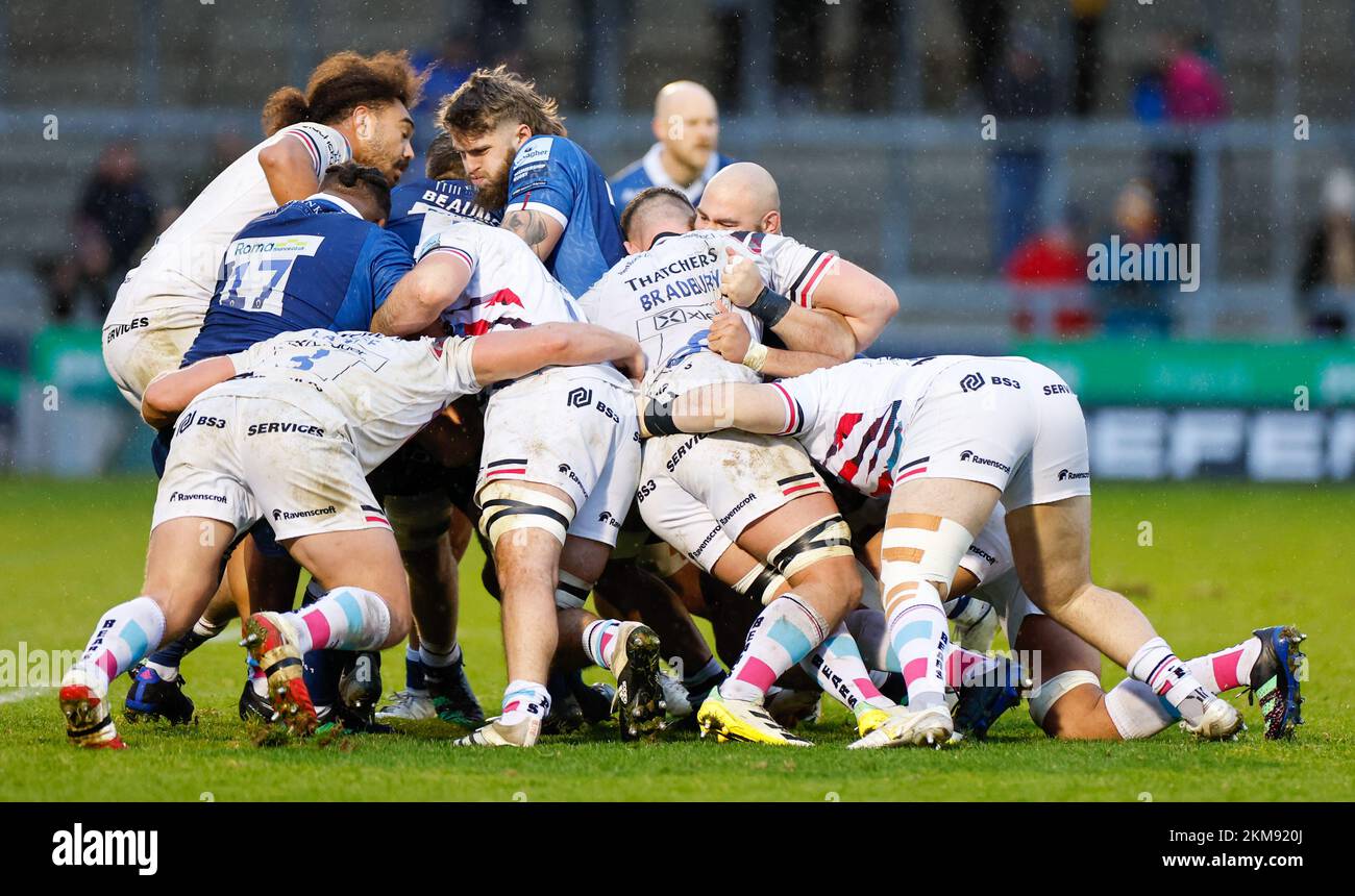 26th November 2022; AJ Bell Stadium, Salford, Lancashire, England; English Premiership Rugby, Sale Sharks versus Bristol Bears; Rouban Birch of Sale Sharks (centre bearded) forces himself forward in the ensuing maul Stock Photo