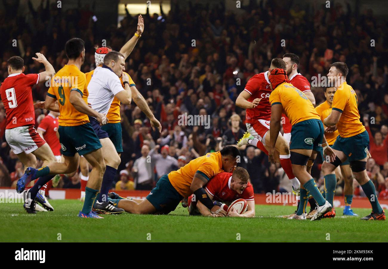Rugby Union - International - Wales v Australia - Principality Stadium, Cardiff, Wales, Britain - November 26, 2022 Wales' Jac Morgan scores their first try Action Images via Reuters/Andrew Couldridge Stock Photo