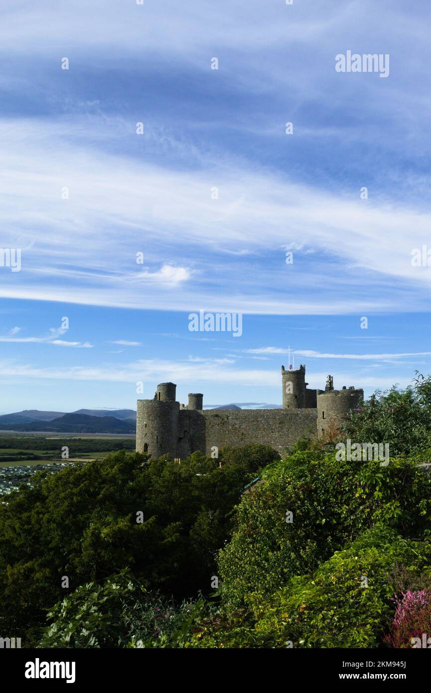 Harlech Castle, Wales. Landscape view of a historic UNESCO monument.   Beautiful Welsh world heritage site.  Fortification of Edward 1 of England.  Bl Stock Photo