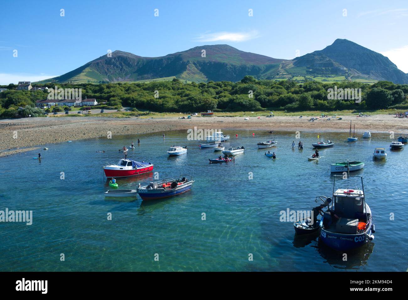 Trefor, Wales - Britain - August 9 2012 : British seaside, A small village on the Welsh Llyn Peninsula,  Beach scene,  peaceful summer landscape. Smal Stock Photo