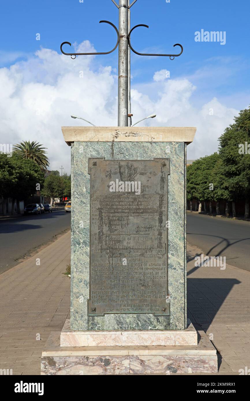 Plaque in the middle of Sematat Avenue in Asmara commemorating the state visit of Her Majesty Queen Elizabeth Il in 1965 Stock Photo