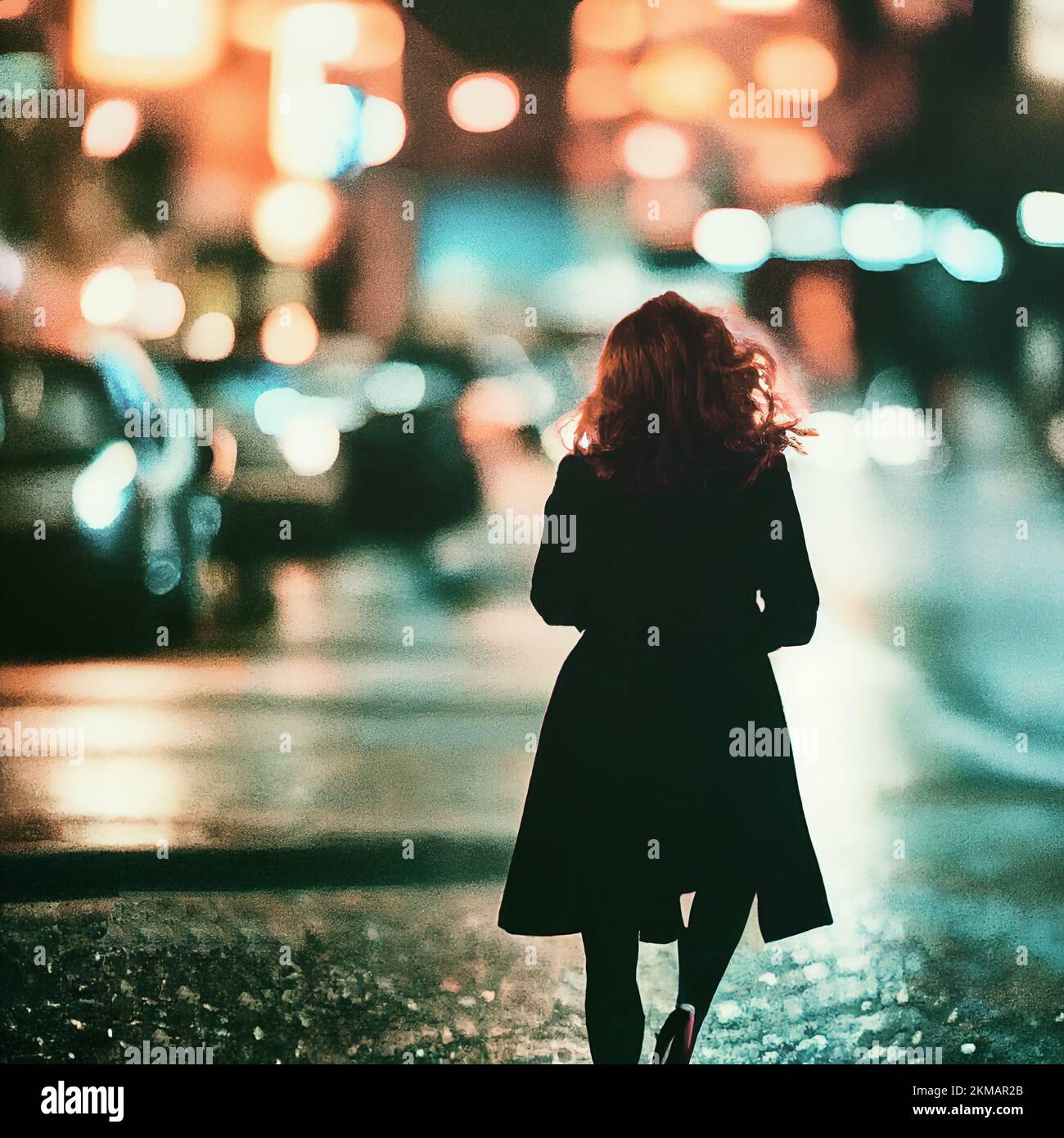 Young woman with red hairs run on a urban street at night, digital art illustration Stock Photo