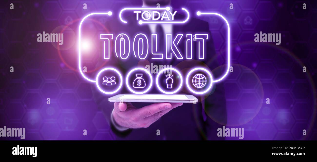 Hand writing sign Toolkit. Concept meaning set of tools kept in a bag