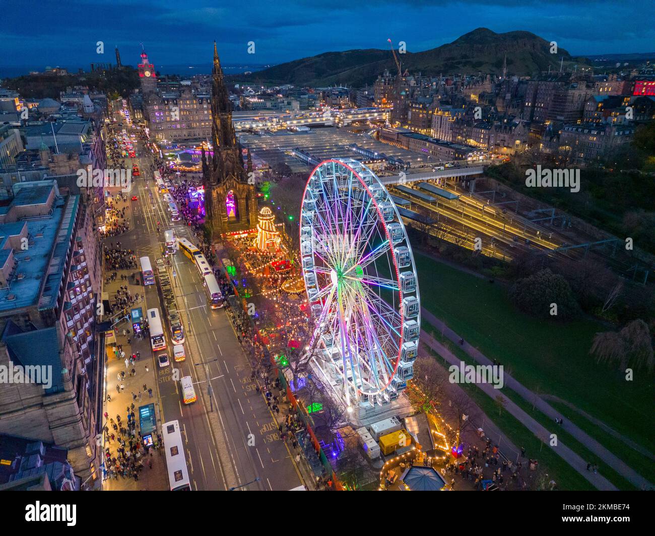 Edinburgh, Scotland, UK. 26th November 2022. Night views of the traditional Christmas Market in Princes Street Gardens which opened on Friday for the 2022 winter season. The market is a popular tourist attraction with funfairs, big wheel and many eating and drinking venues. Iain Masterton/Alamy Live News. Stock Photo
