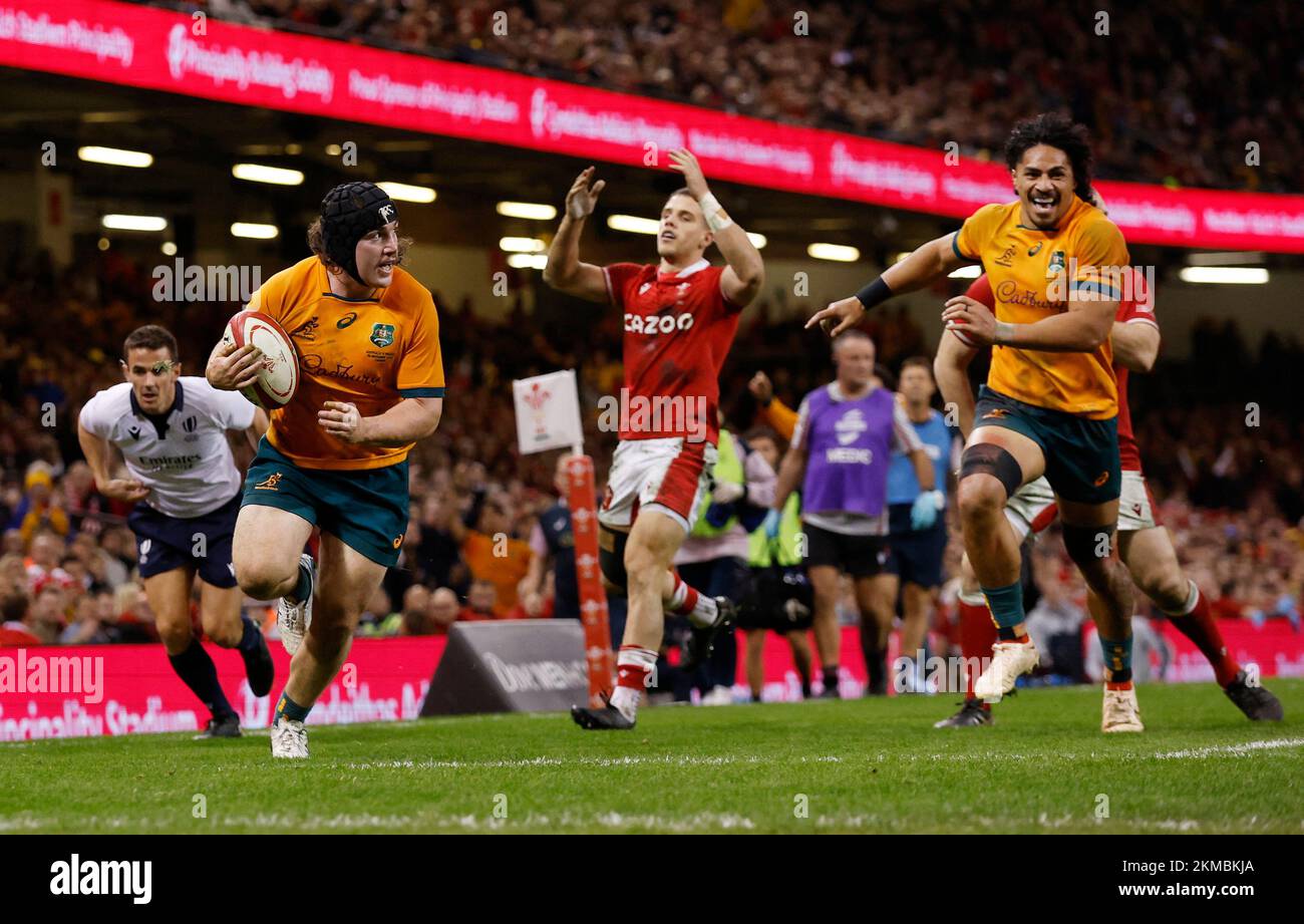 Rugby Union - International - Wales v Australia - Principality Stadium, Cardiff, Wales, Britain - November 26, 2022 Australia's Lachlan Lonergan scores their fourth try Action Images via Reuters/Andrew Couldridge Stock Photo
