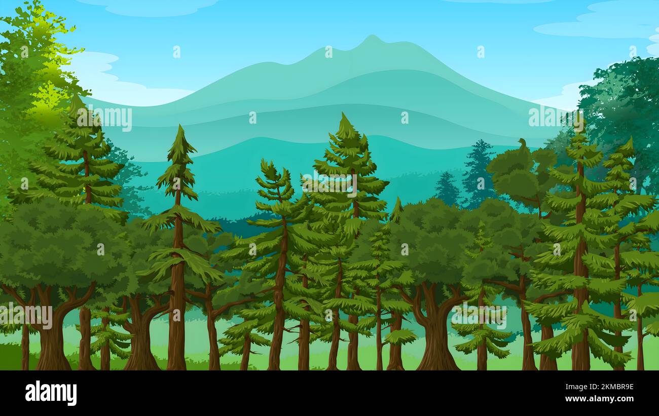 The green trees in the forest, with mountains in the background Stock ...