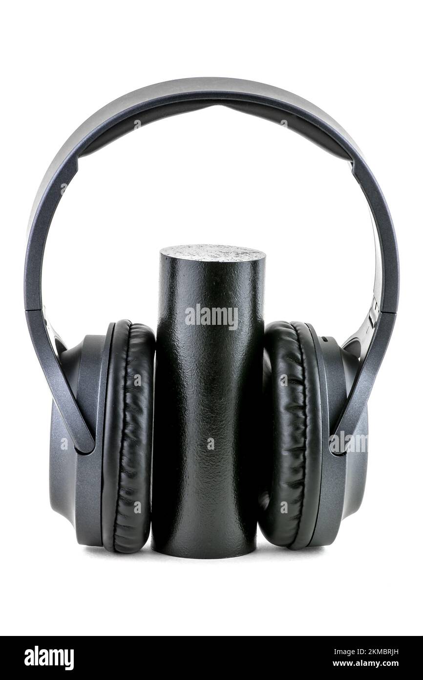 black headphones on white background Stock Photo - Alamy