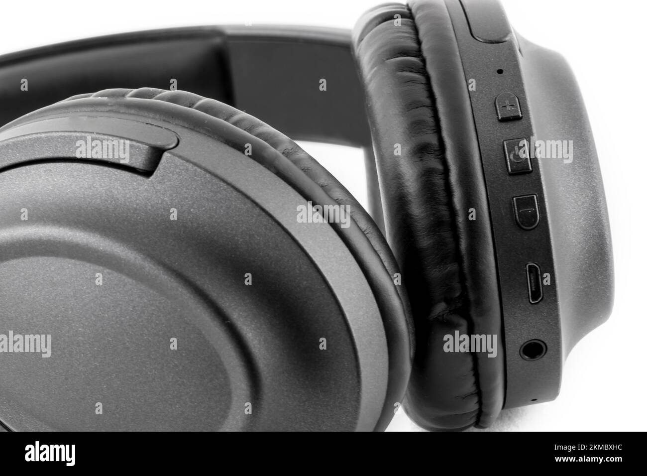 black headphones on white background Stock Photo Alamy