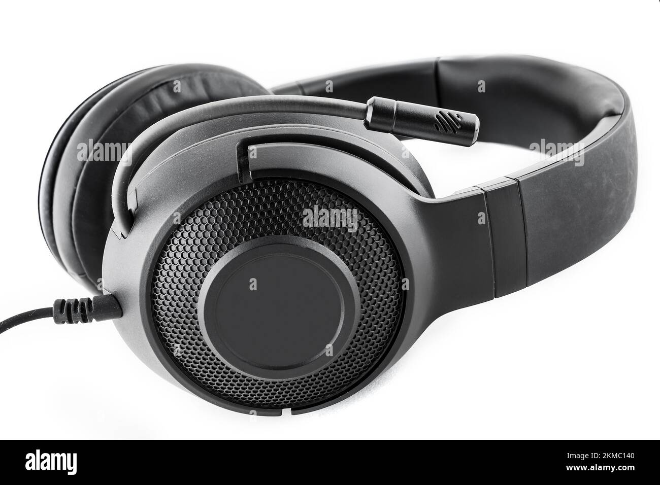 black headphones on white background Stock Photo Alamy