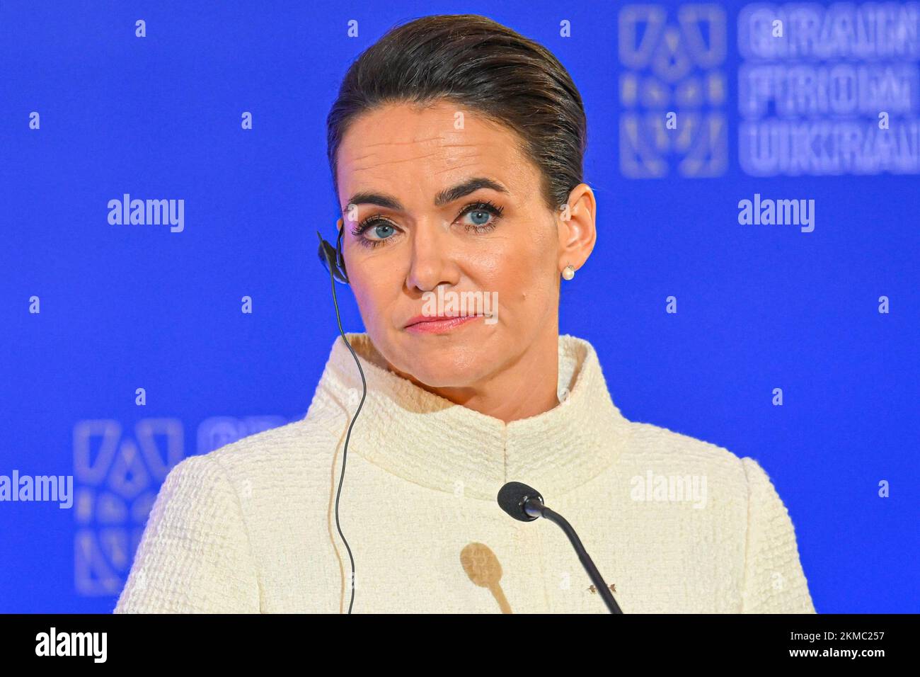 Hungarian President Katalin Novak pictured during a press conference ...