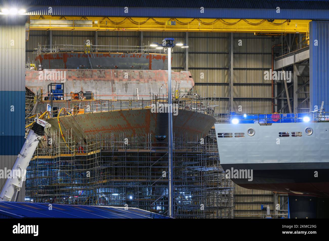 HMS Cardiff, the second of eight Type 26 frigates, under construction at the Govan shipyard in Glasgow - November 2022. Stock Photo