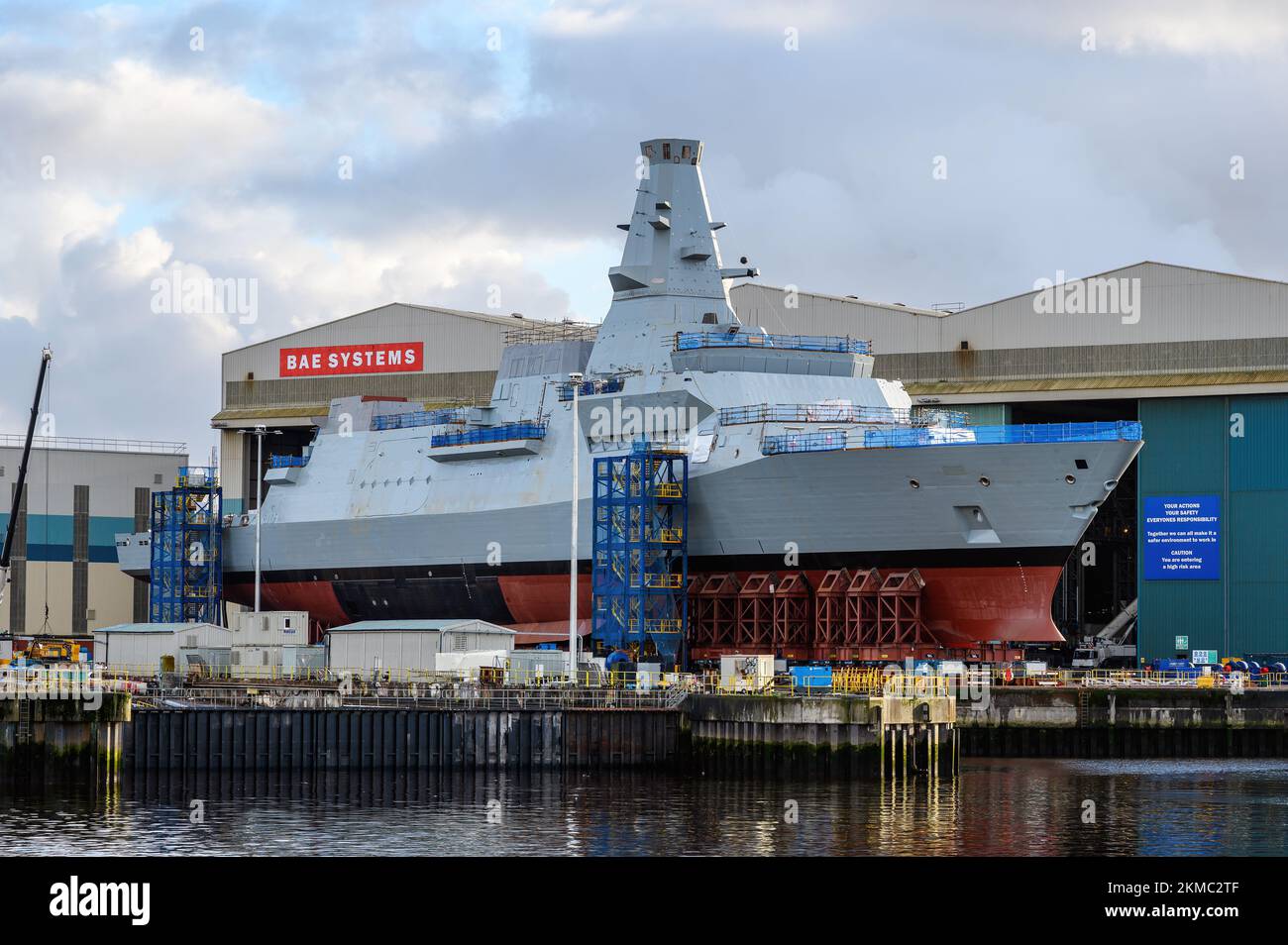 HMS Glasgow, the first of eight Type 26 frigates, under construction at the Govan shipyard in Glasgow - November 2022. Stock Photo