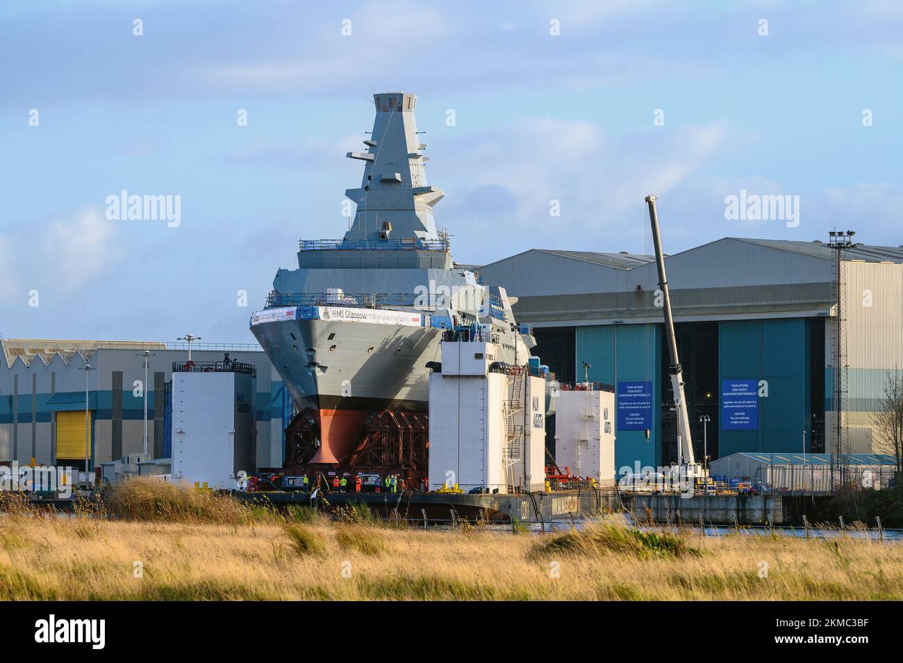 HMS Glasgow, the first of eight Type 26 frigates, under construction at the Govan shipyard in Glasgow - November 2022. Stock Photo