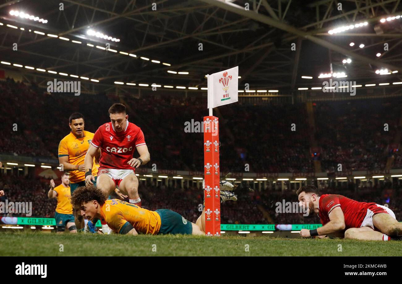 Rugby Union - International - Wales v Australia - Principality Stadium, Cardiff, Wales, Britain - November 26, 2022 Australia's Mark Nawaqanitawase scores their second try Action Images via Reuters/Andrew Couldridge Stock Photo