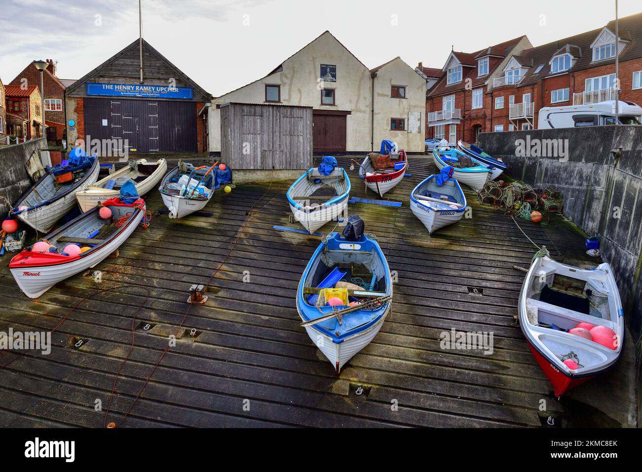 Crab fishing boats pulled up on the slipway at Sheringham, Norfolk, UK Stock Photo