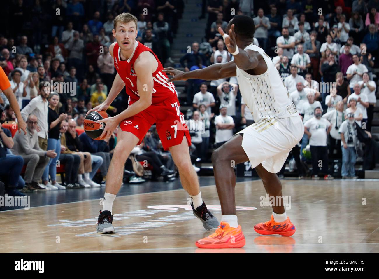 Niels GIFFEY of Bayern Munich and Charles KAHUDI of Lyon during the Turkish  Airlines EuroLeague Basketball match between LDLC ASVEL Villeurbanne and FC  Bayern Munich on November 23, 2022 at Astroballe in