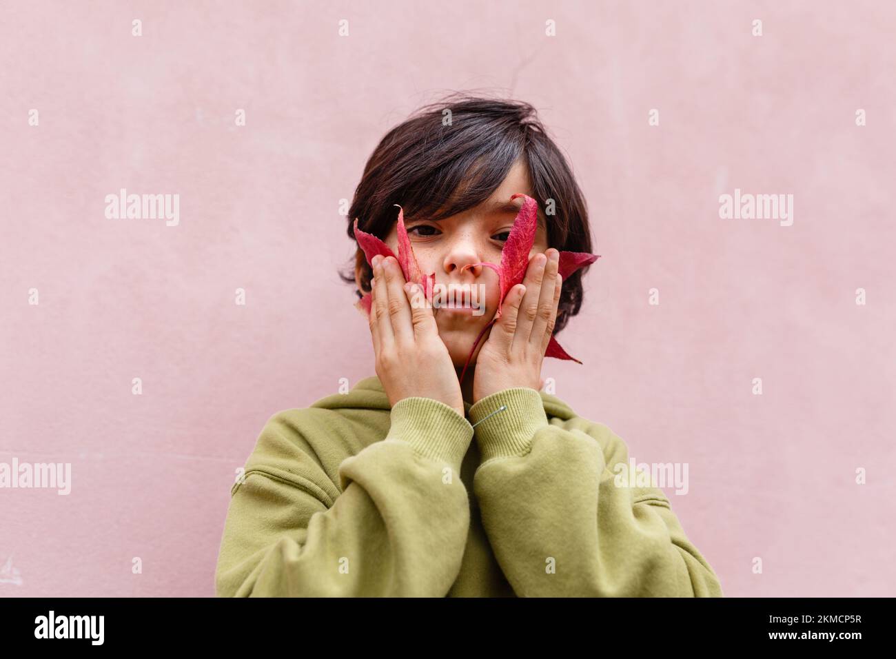 smiling girl holding big red leaves at her face Stock Photo - Alamy