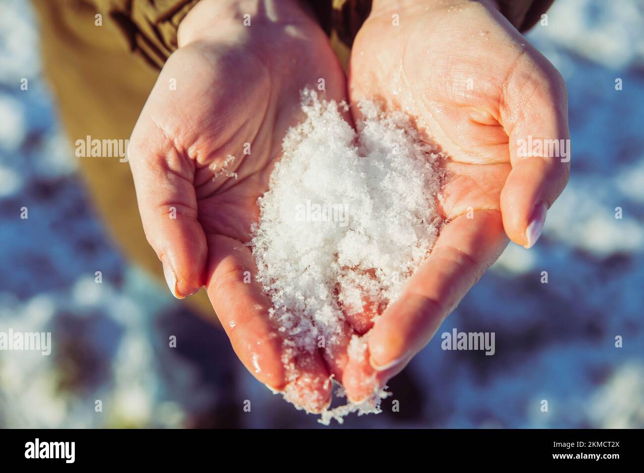 Girl holding snow in her hands. Close-up Stock Photo