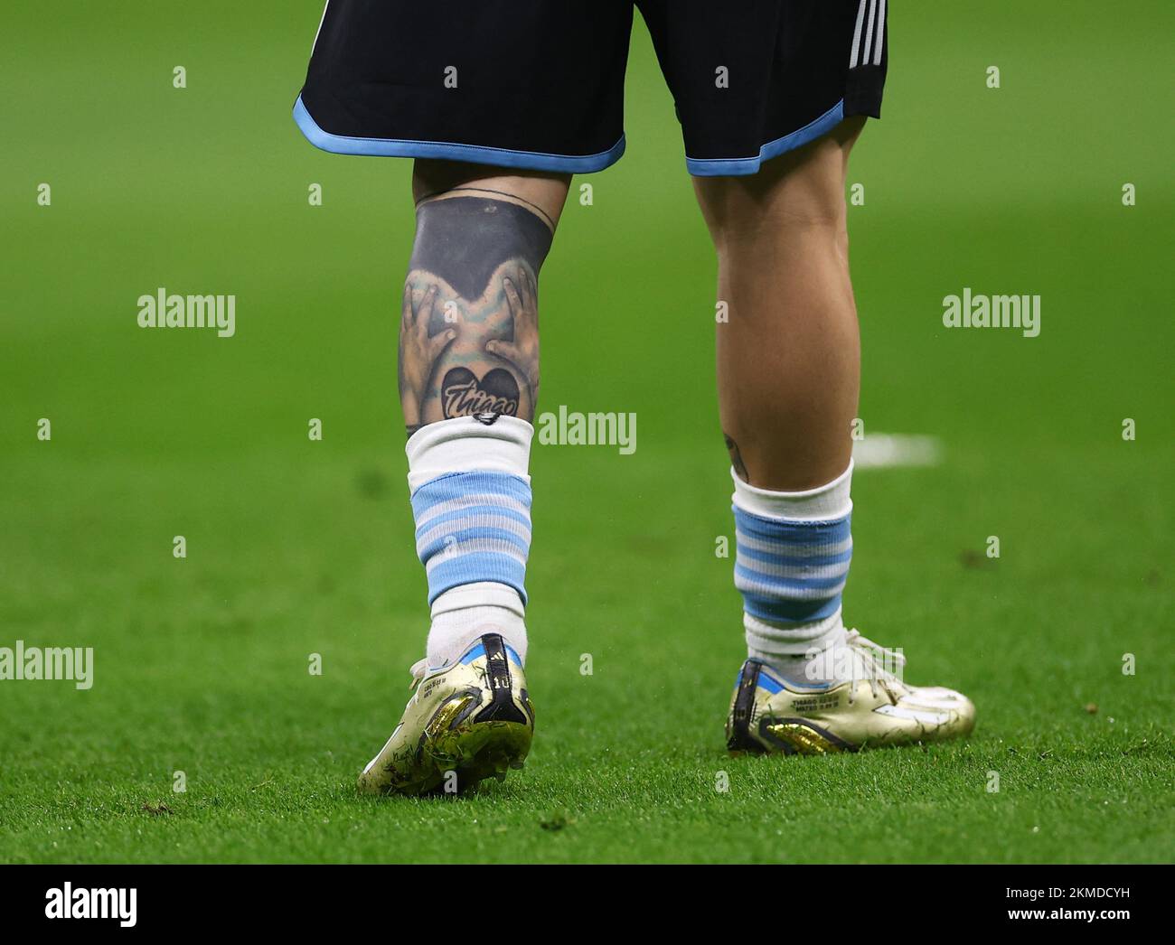 Tatouage Messi Jambe Coupe Du Monde Soccer Football - FIFA World Cup Qatar 2022 - Group C - Argentina v Mexico  - Lusail Stadium, Lusail, Qatar - November 26, 2022 General view of a  tattoo on the leg