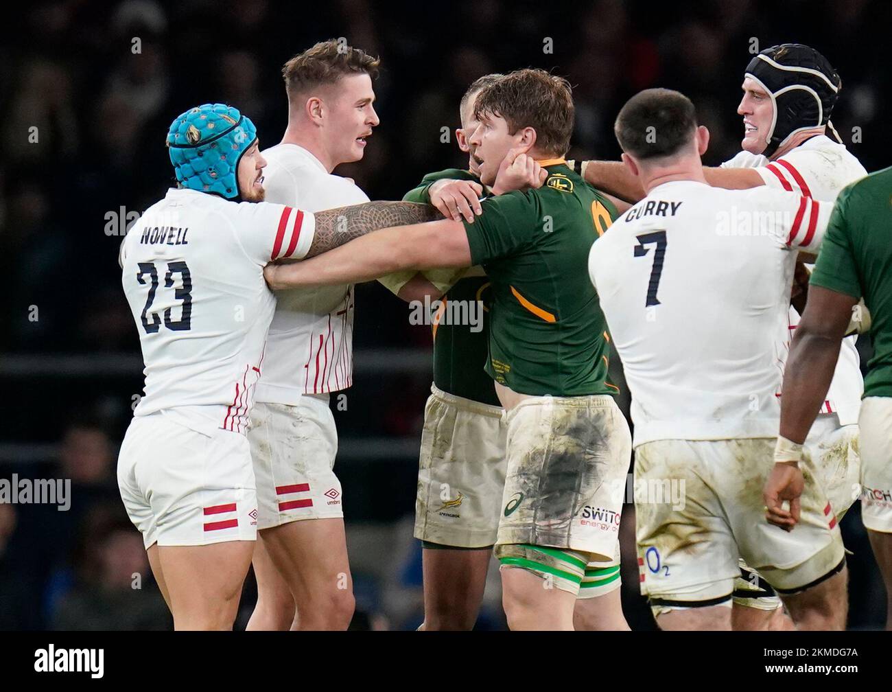 England's Freddie Steward (second left) and South Africa's Evan Roos (third left) clash during the Autumn International match at Twickenham Stadium, London. Picture date: Saturday November 26, 2022. Stock Photo