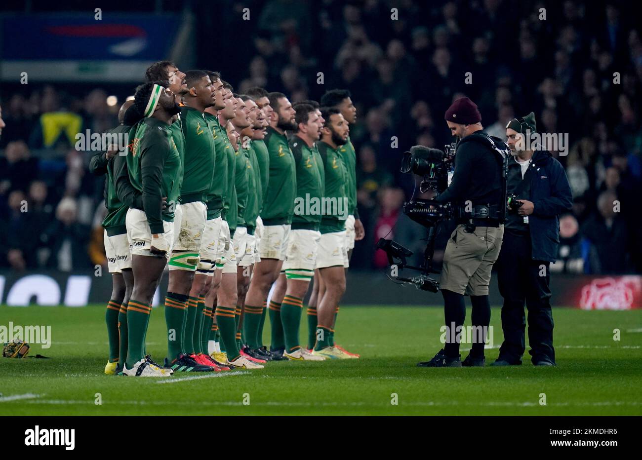 South Africa players line up for their national anthem before the Autumn International match at Twickenham Stadium, London. Picture date: Saturday November 26, 2022. Stock Photo