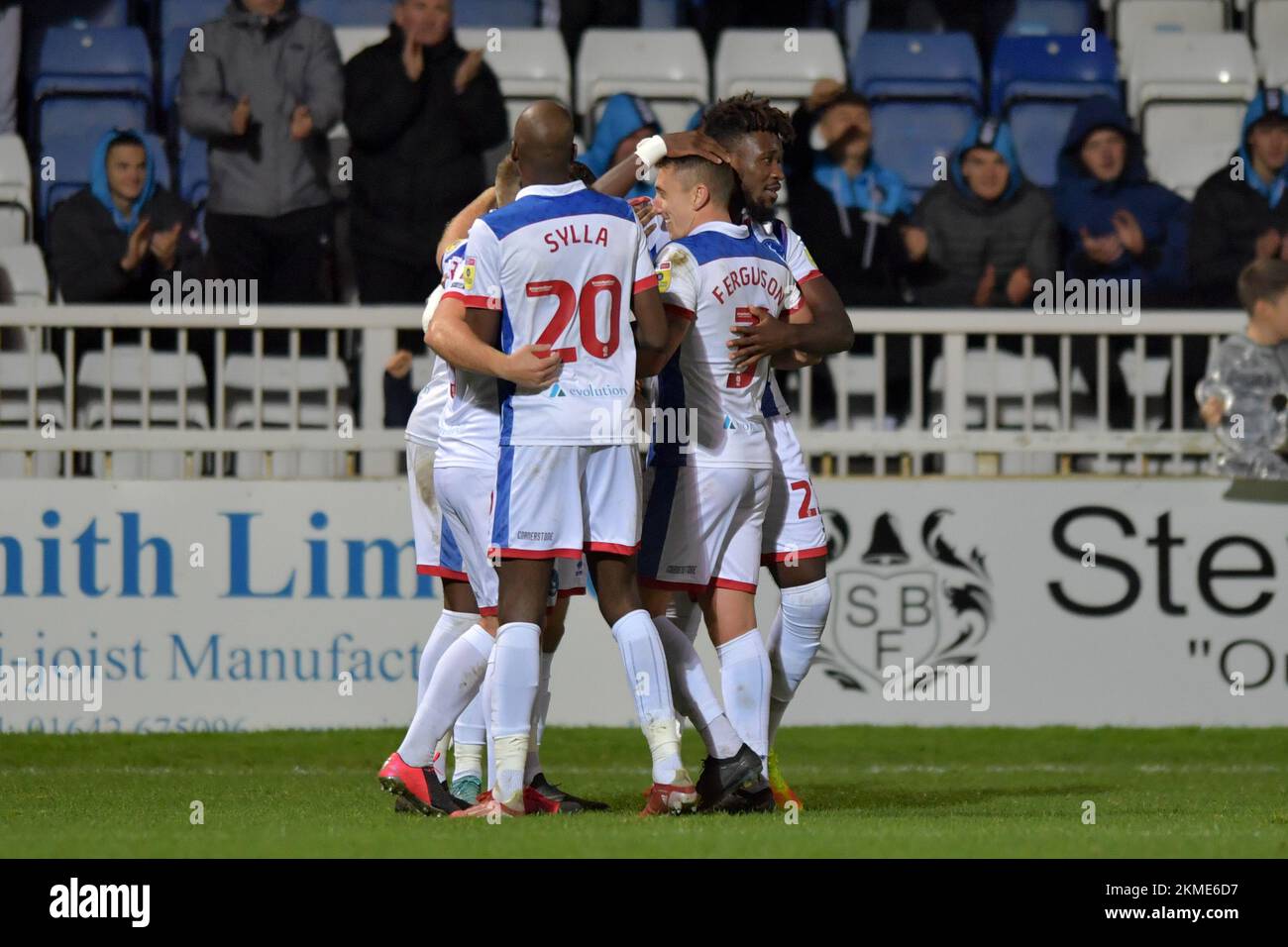 Hartlepool, UK. 19th Nov, 2022. Hartlepool United's Players celebrate Josh Umerah goal during the FA Cup Second Round match between Hartlepool United and Harrogate Town at Victoria Park, Hartlepool on Saturday 26th November 2022. (Credit: Scott Llewellyn | MI News) Credit: MI News & Sport /Alamy Live News Stock Photo