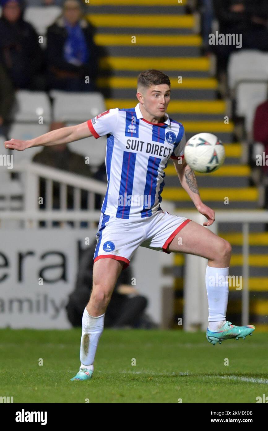 Hartlepool, UK. 19th Nov, 2022. Hartlepool United's Jake Hastie during the FA Cup Second Round match between Hartlepool United and Harrogate Town at Victoria Park, Hartlepool on Saturday 26th November 2022. (Credit: Scott Llewellyn | MI News) Credit: MI News & Sport /Alamy Live News Stock Photo