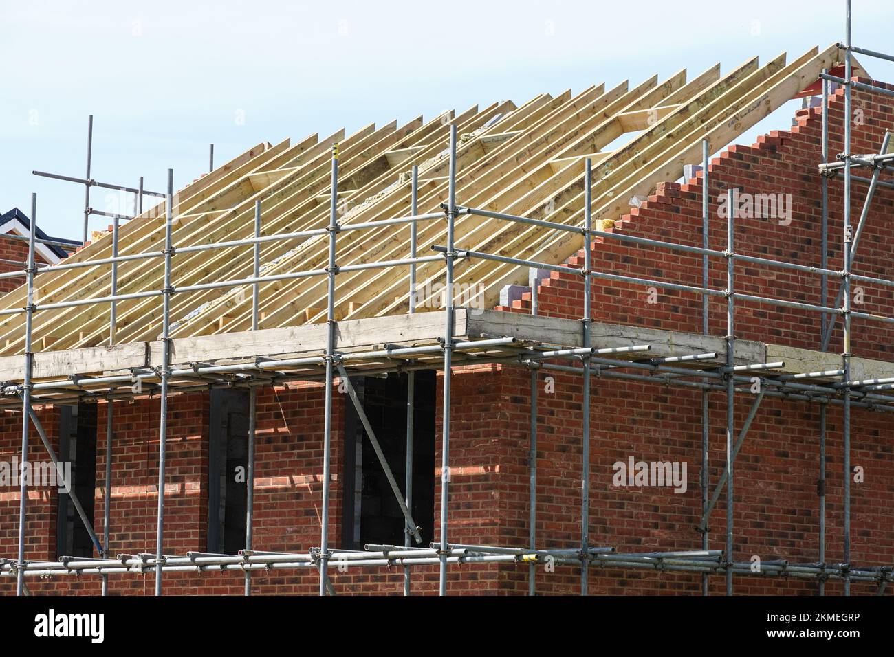 New roof construction at housebuilding site, timber structure of a new build house, London England United Kingdom UK Stock Photo