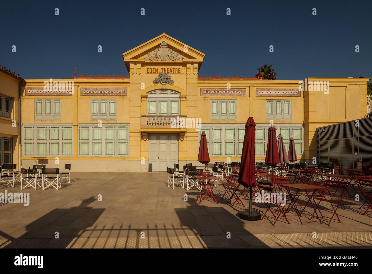Facade,Restored,renovated,Eden Theatre,Cinema Eden Theater,building,which claims to be the, oldest, movie theater,movie theatre, in the world, to,show,motion picture,films,on,Boulevard Clemenceau, La Ciotat,south of France,France,coast,coastline,Mediterranean,French,resort,Europe,European,La Ciotat is a commune in the Bouches-du-Rhône department in the Provence-Alpes-Côte d'Azur region in Southern France. Stock Photo