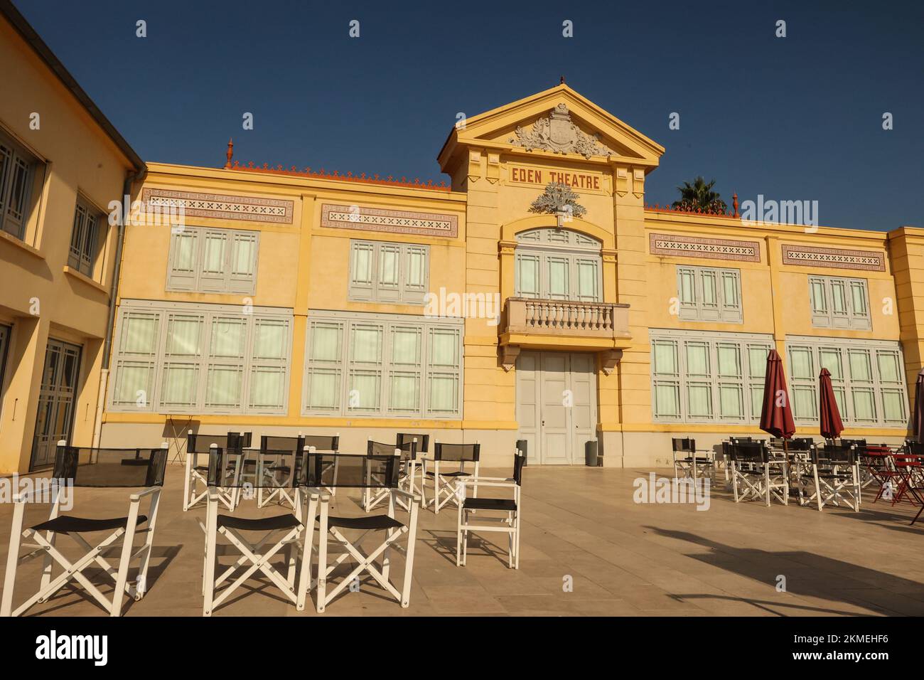 Facade,Restored,renovated,Eden Theatre,Cinema Eden Theater,building,which claims to be the, oldest, movie theater,movie theatre, in the world, to,show,motion picture,films,on,Boulevard Clemenceau, La Ciotat,south of France,France,coast,coastline,Mediterranean,French,resort,Europe,European,La Ciotat is a commune in the Bouches-du-Rhône department in the Provence-Alpes-Côte d'Azur region in Southern France. Stock Photo