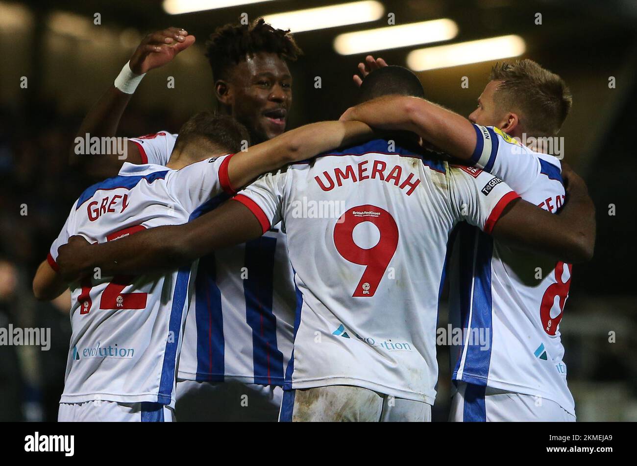Hartlepool United players celebrate during the FA Cup Second Round between Hartlepool United and Harrogate Town at Victoria Park, Hartlepool on Saturday 26th November 2022. (Credit: Michael Driver | MI News) Credit: MI News & Sport /Alamy Live News Stock Photo