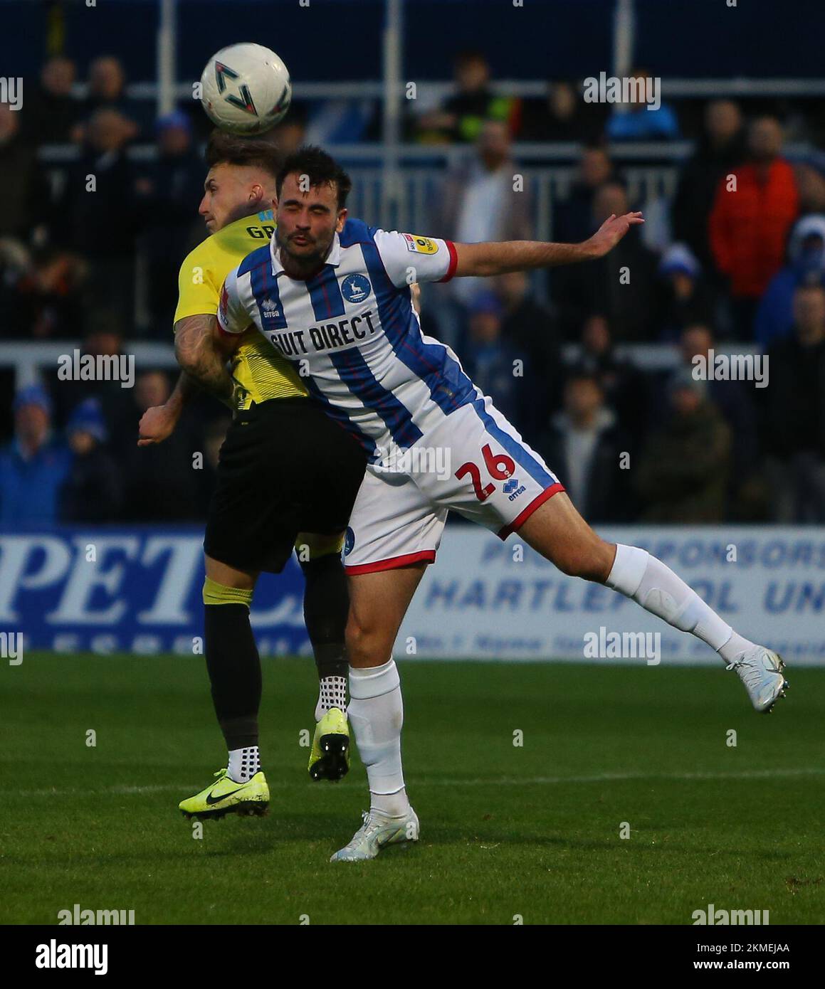 Hartlepool United's Reghan Tumilty wins a header during the FA Cup Second Round between Hartlepool United and Harrogate Town at Victoria Park, Hartlepool on Saturday 26th November 2022. (Credit: Michael Driver | MI News) Credit: MI News & Sport /Alamy Live News Stock Photo