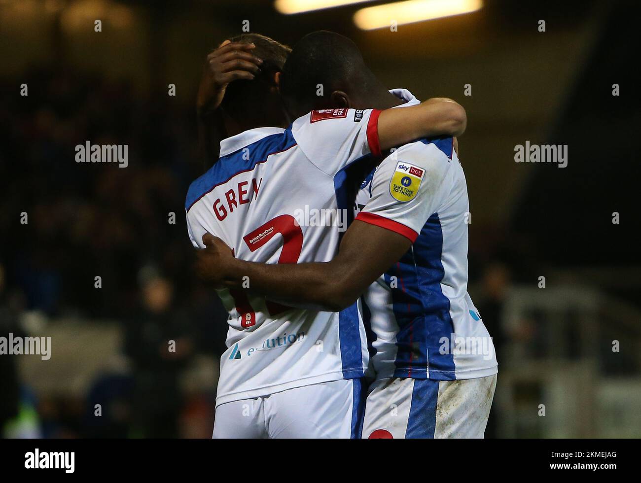 Hartlepool United's Joe Grey and Hartlepool United's Josh Umerah celebrate their third goal during the FA Cup Second Round between Hartlepool United and Harrogate Town at Victoria Park, Hartlepool on Saturday 26th November 2022. (Credit: Michael Driver | MI News) Credit: MI News & Sport /Alamy Live News Stock Photo