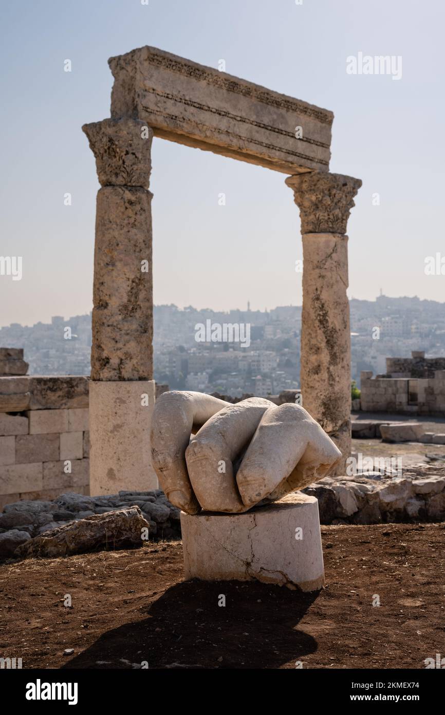 Hand of Hercules with Fingers and Temple in Amman, Jordan, the Remains of an Antique Marble Statue Stock Photo