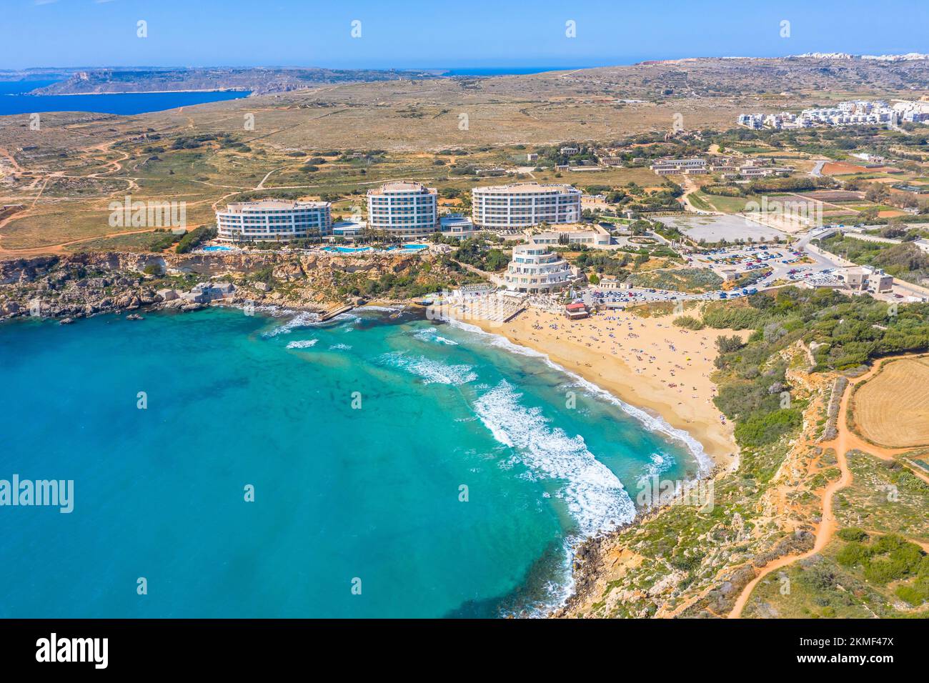 Aerial view of a Golden Bay beach on Tuffieha region, Malta Stock Photo ...