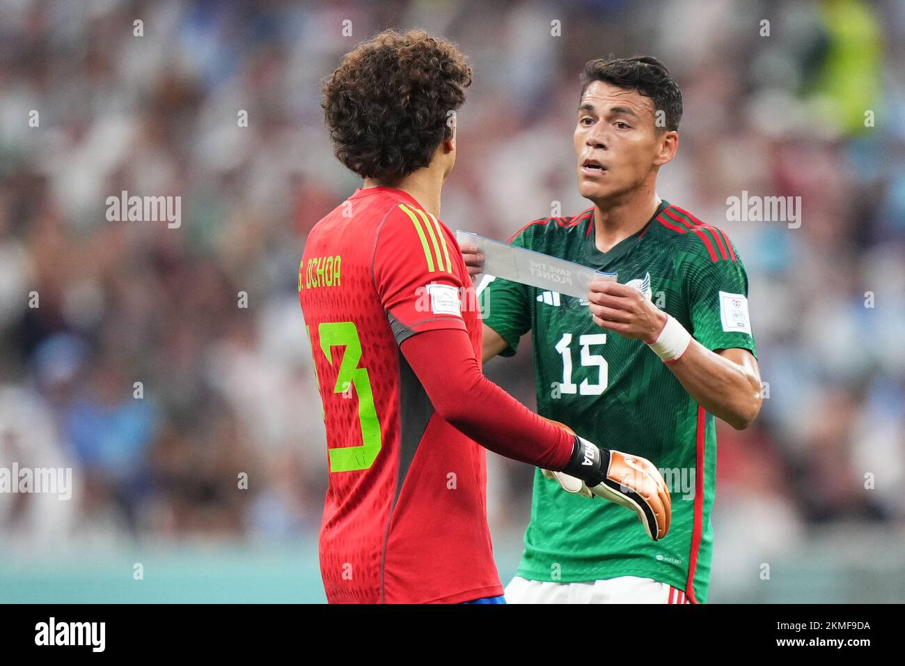 Hector Moreno and Guillermo Ochoa of Mexico during the FIFA World Cup Qatar 2022 match, Group C, between Argentina and Mexico played at Lusail Stadium on Nov 26, 2022 in Lusail, Qatar. (Photo by Bagu Blanco / PRESSIN) Credit: PRESSINPHOTO SPORTS AGENCY/Alamy Live News Stock Photo