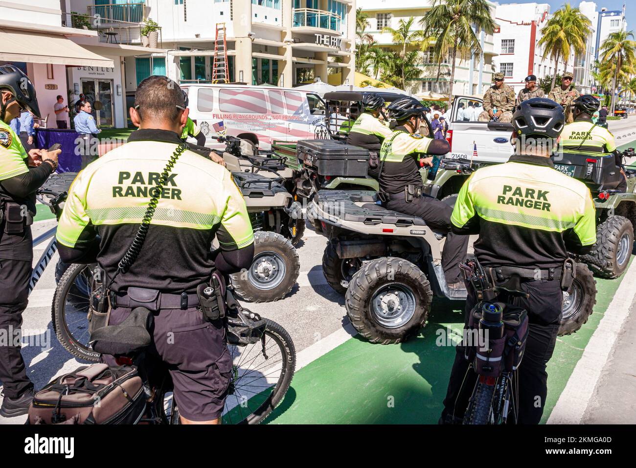 Miami Beach Florida,South Beach Ocean Drive Veterans Day Parade annual event,Park Ranger Rangers riding riders ATV ATVs ATV's bicycle,man men male adu Stock Photo