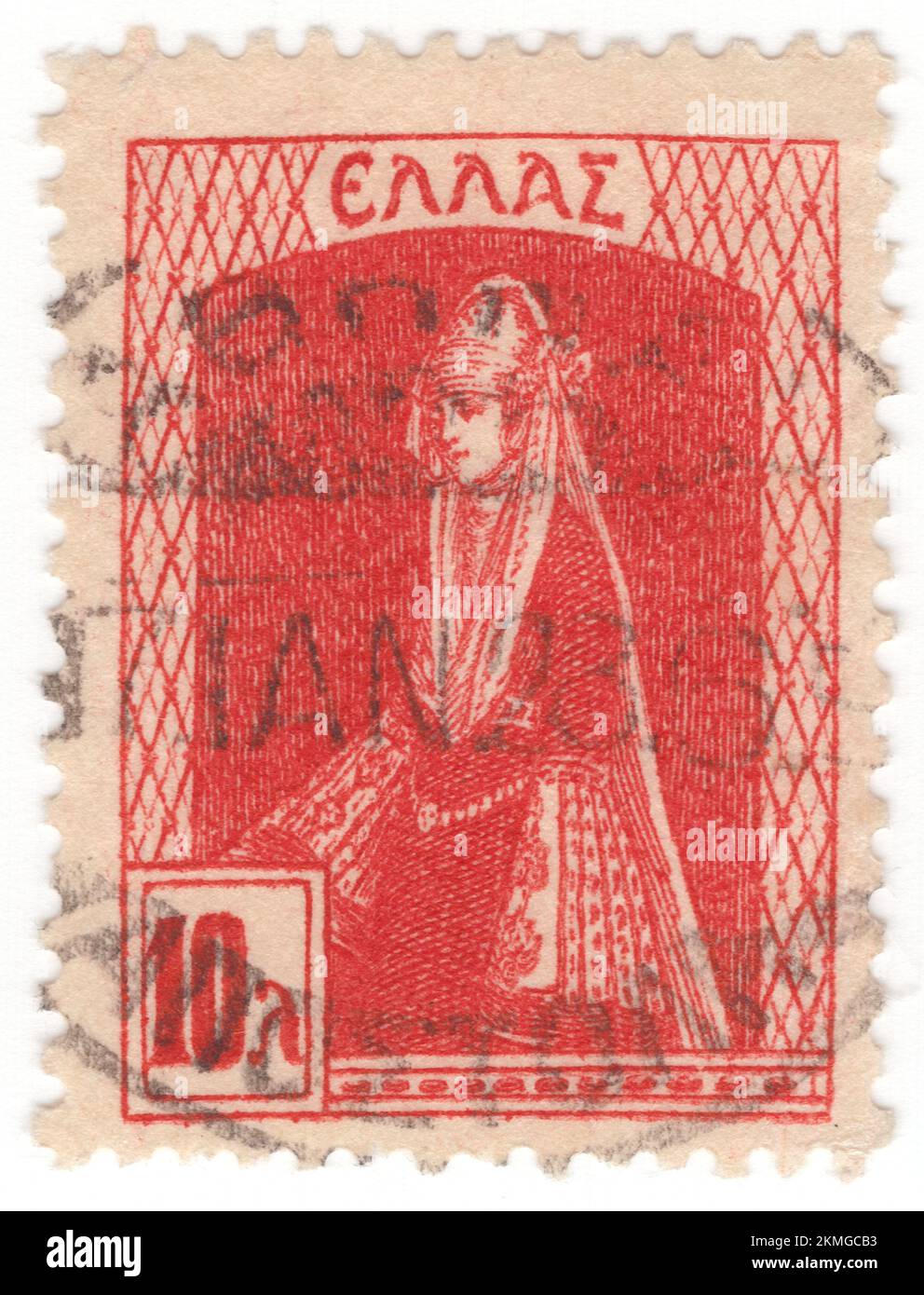 GREECE - 1927 April 1: An 10 lepta orange-red postage stamp depicting Dodecanese Costume. The Dodecanese are a group of 15 larger plus 150 smaller Greek islands in the southeastern Aegean Sea and Eastern Mediterranean, off the coast of Turkey's Anatolia, of which 26 are inhabited. This island group generally defines the eastern limit of the Sea of Crete. They belong to the wider Southern Sporades island group. Rhodes has been the area's dominant island since antiquity. Of the others, Kos and Patmos are historically the more important Stock Photo