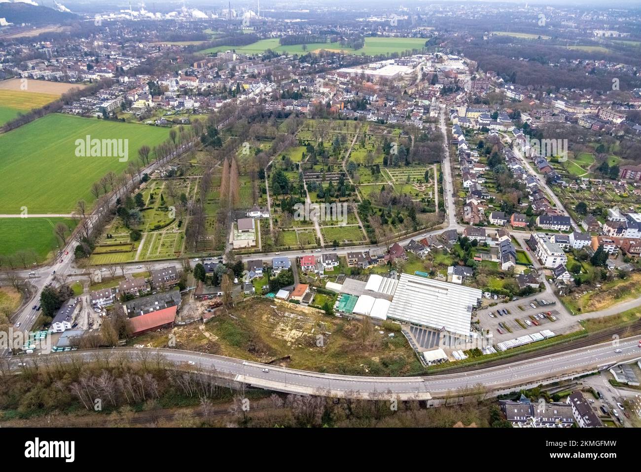 Aerial view, garden center Schellewald as well as central cemetery in the district Zweckel in Gladbeck, Ruhr area, North Rhine-Westphalia, Germany, Bu Stock Photo