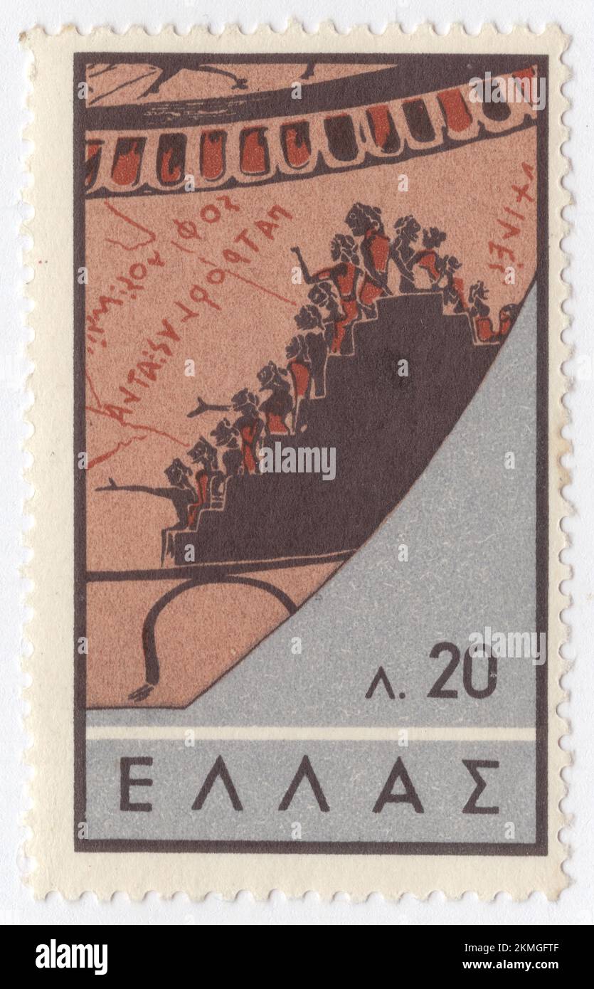 GREECE - 1959 June 20: An 20 lepta black, fawn and grey postage stamp depicting Audience, Vase 580 BC. Ancient Greek theatre was a theatrical culture that flourished in ancient Greece from 700 BC. The city-state of Athens, which became a significant cultural, political, and religious place during this period, was its centre, where the theatre was institutionalised as part of a festival called the Dionysia, which honoured the god Dionysus. Tragedy (late 500 BC), comedy (490 BC), and the satyr play were the three dramatic genres to emerge there Stock Photo