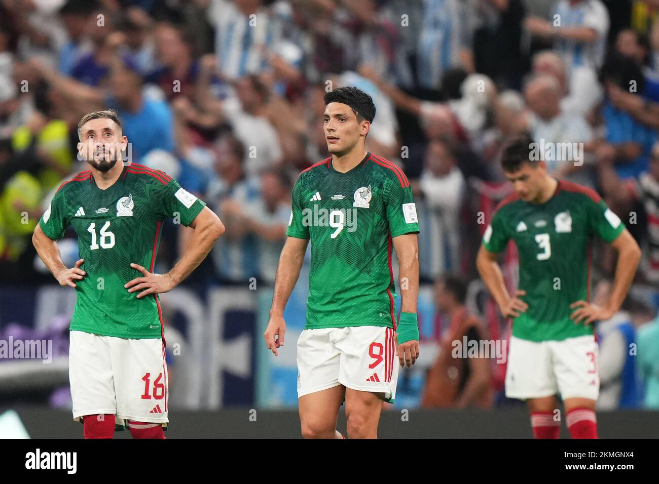 Raul Jimenez and Hector Herrera of Mexico during the FIFA World Cup Qatar 2022 match, Group C, between Argentina and Mexico played at Lusail Stadium on Nov 26, 2022 in Lusail, Qatar. (Photo by Bagu Blanco / PRESSIN) Credit: PRESSINPHOTO SPORTS AGENCY/Alamy Live News Stock Photo