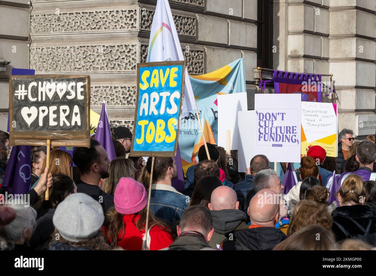 Staff and supporters of The English National Opera (ENO) protesting outside the Department for Digital, Culture, Media & Sport, over Arts Council Engl Stock Photo