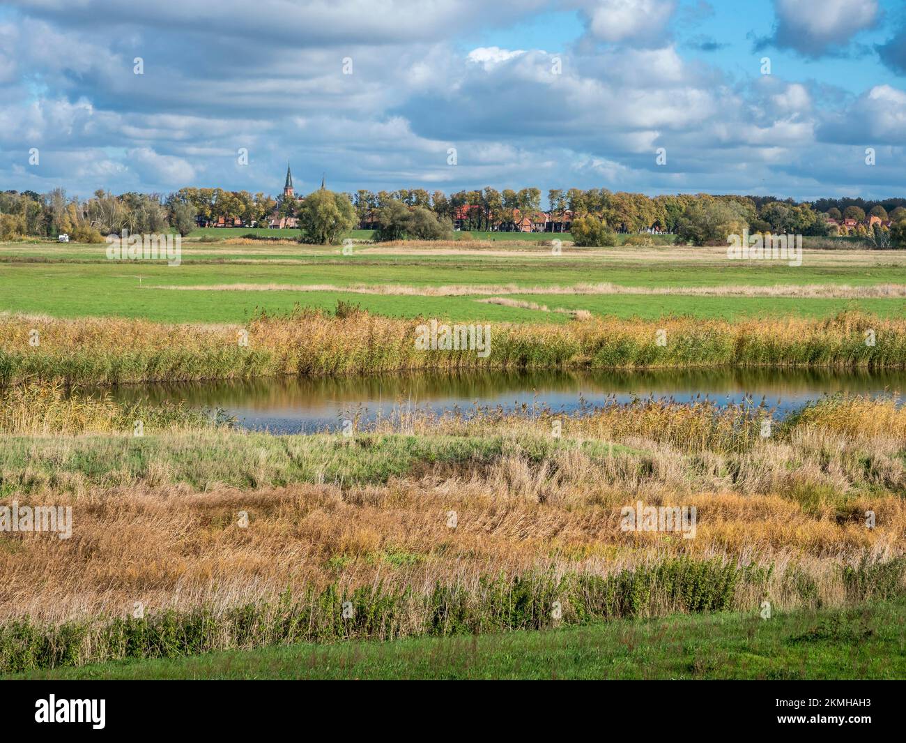 Floodplains at Elbe river near Doemitz, view to church of Doemitz, Germany Stock Photo