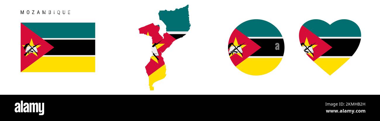 Mozambique flag icon set. Mozambican pennant in official colors and proportions. Rectangular, map-shaped, circle and heart-shaped. Flat illustration i Stock Photo