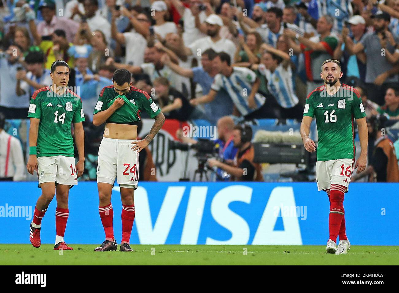 Doha, Qatar. 26th Nov, 2022. Erick Gutierrez, Luis Chavez and Hector Herrera of Mexico, lament the goal by Enzo Fernandez of Argentina during the match between Argentina and Mexico, for the 2nd round of Group C of the FIFA World Cup Qatar 2022, at Lusail Stadium, this Saturday 26. 30761 (Heuler Andrey/SPP) Credit: SPP Sport Press Photo. /Alamy Live News Stock Photo