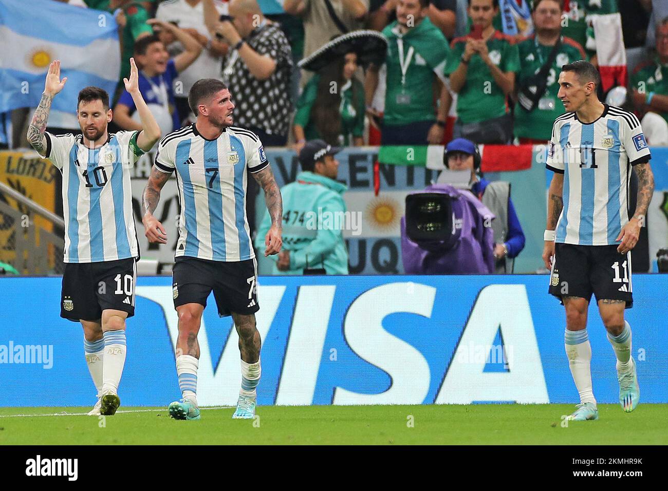 Lusail Iconic Stadium, Lusail, Qatar. 26th Nov, 2022. FIFA World Cup Football, Argentina versus Mexico; Lionel Messi of Argentina celebrates his goal with Rodrigo De Paul and &#xc1;ngel Di Mar&#xed;a Credit: Action Plus Sports/Alamy Live News Stock Photo