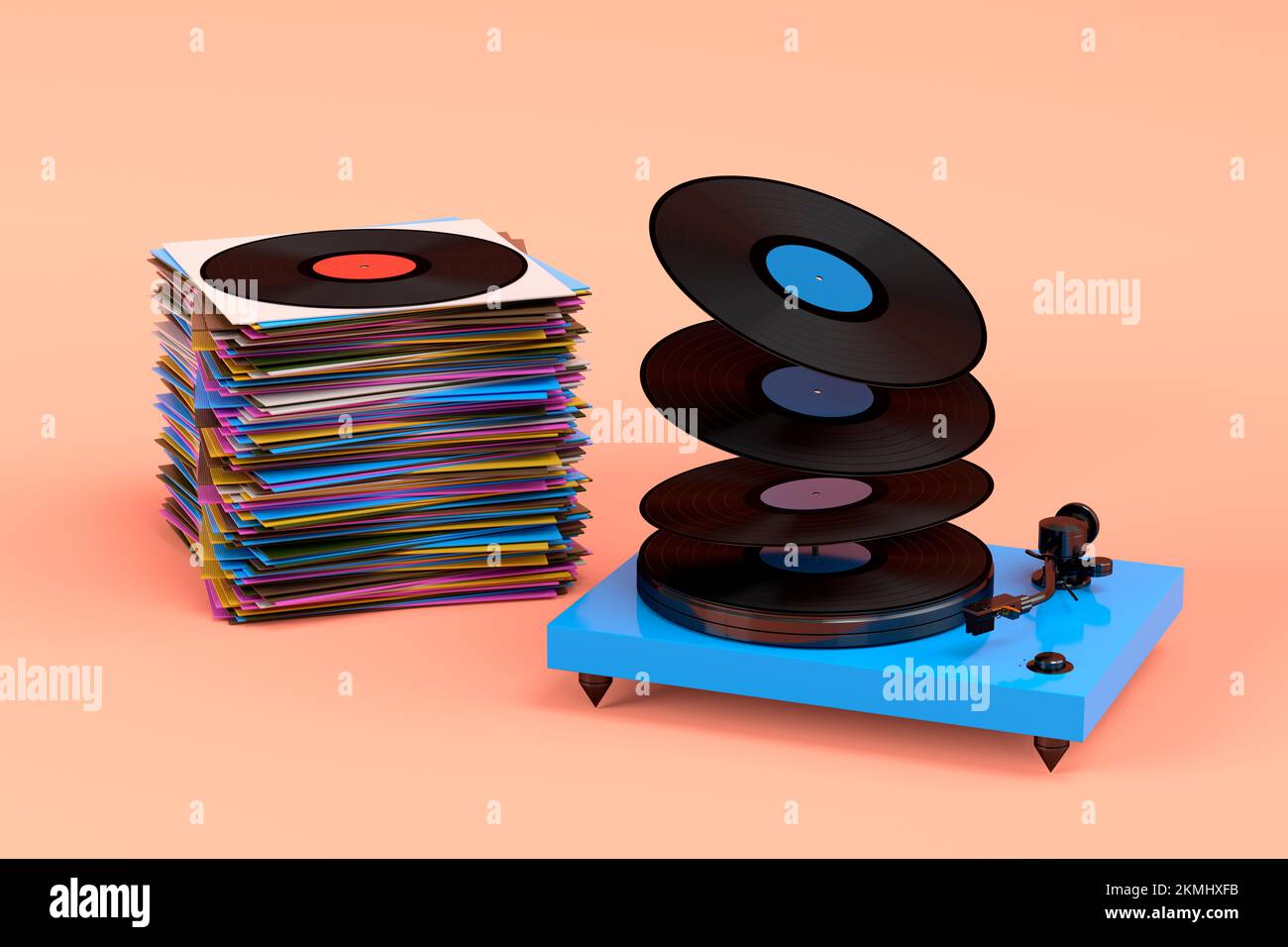 Set of Hifi speakers with loudspeakers and DJ turntable with vinyl LP